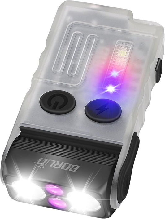 BORUIT V20 Small Powerful Flashlight with 365nm UV, Red Warm Green Blue Light, 1000 Lumen, 110dB Buzzer 180°Swivel - Mini Rechargeable LED Pocket Keychain Flashlights EDC Clip Flash Light White