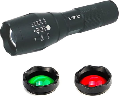 3-Color-Light Flashlight Single Mode Flashlight with Red Green Lens Zoomable LED Flashlight for Hunting Astronomy Camping Night Vision