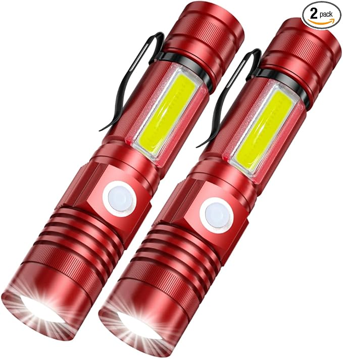 Rechargeable LED Flashlights, Magnetic Flashlight Super Bright Tactical Flashlight with SideLight,USB Rechargeable,Zoomable,Waterproof Best Small Flashlight for Camping, Emergency Red