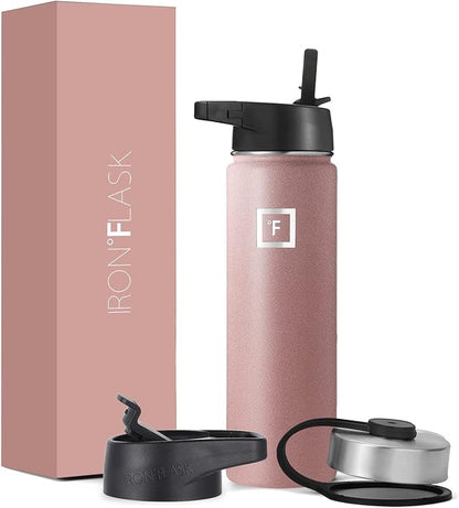 IRON °FLASK Camping & Hiking Hydration Flask, Wide Mouth, 3 Straw Lids, Stainless Steel Outdoor Water Bottle, Double Walled, Insulated Thermos, Metal Canteen - Rose Gold, 22 Oz
