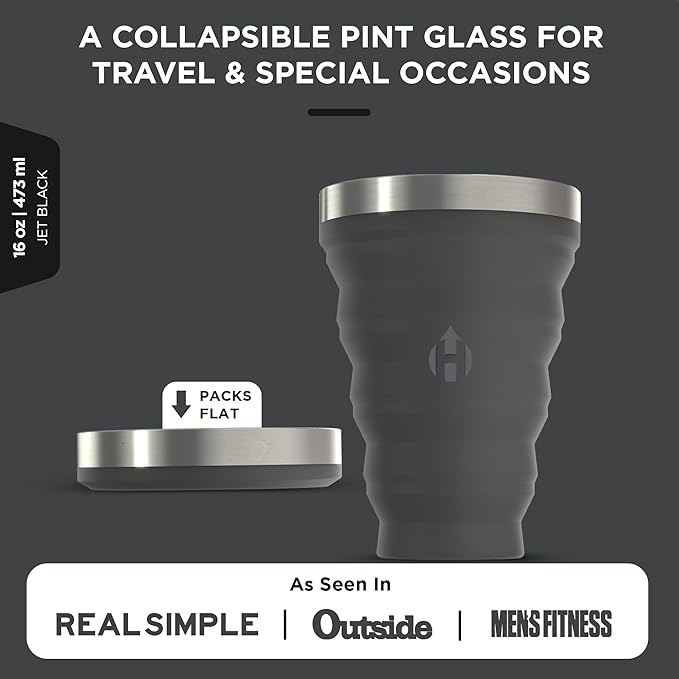 HYDAWAY Collapsible Pint - 16 oz, Silicone & Steel Rim I Collapsible Cup for Beer, Water & Soda, Portable Drinking Cup for Party, Camping, Backpacking & Hiking, Folding Travel Cups Collapse to 1-inch