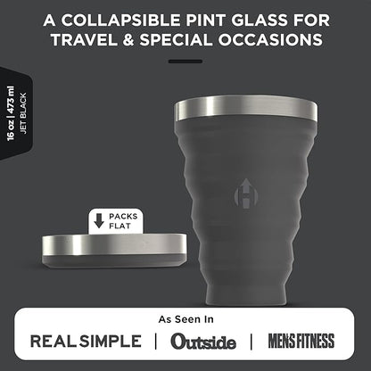 HYDAWAY Collapsible Pint - 16 oz, Silicone & Steel Rim I Collapsible Cup for Beer, Water & Soda, Portable Drinking Cup for Party, Camping, Backpacking & Hiking, Folding Travel Cups Collapse to 1-inch