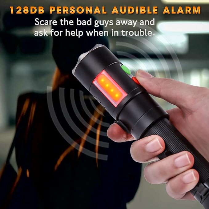 Self Defense Rechargeable Flashlight with 128dB Personal Alarms for Emergency or Safety,600 High Lumens,COB Work Light,Magnetic for Outdoors,Camping...