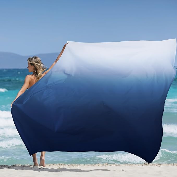 Extra Large Beach Blanket Waterproof Sandproof, Blue-White Gradient Beach Mat Oversized for 1-8 Person, Sand Free Quick Dry Polyester Outdoor Picnic Blanket for Travel, Camping, Hiking