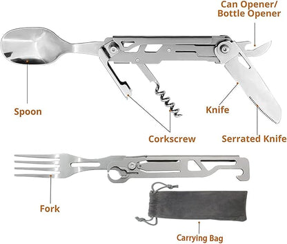 HONZIN Camping Utensil Set 5-in-1 Multi Functional Folding Flatware Set, Pocket Utensil Set Portable Detachable Stainless Steel Knife Spoon Fork Bottle Opener, Can Opener Combo Set with Carrying Bag