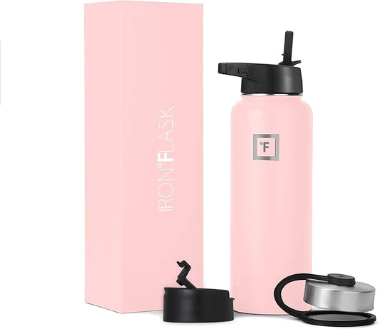 IRON °FLASK Camping & Hiking Hydration Flask, Wide Mouth, 3 Straw Lids, Stainless Steel Outdoor Water Bottle, Double Walled, Insulated Thermos, Metal Canteen - Rose, 18 Oz