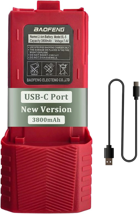 BAOFENG UV-5R Radio Battery Extended 3800mAh USB-C Charging Red Replacement for BF-F8HP New Version for BF-F8 Rechargeable Bl-5 Two Way Radio Battery with Type-c Charging Cable
