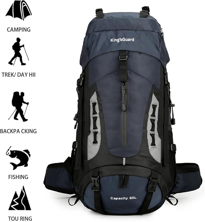 King'sGuard 60L Hiking Backpack Men Women Camping Backpack Waterproof Backpacking Mountaineering Climbing Daypack with Rain Cover (Navy)