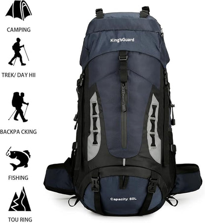 King'sGuard 60L Hiking Backpack Men Women Camping Backpack Waterproof Backpacking Mountaineering Climbing Daypack with Rain Cover (Navy)