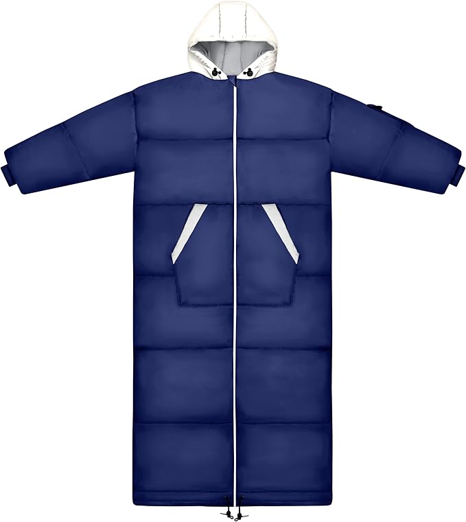 Thermotuff Wearable Sleeping Bag with Dual Hoodie, Long Sleeves, Pockets & Adjustable Drawstring - Ideal for Camping, Cold Weather Hiking, and Stadium Sak Blanket