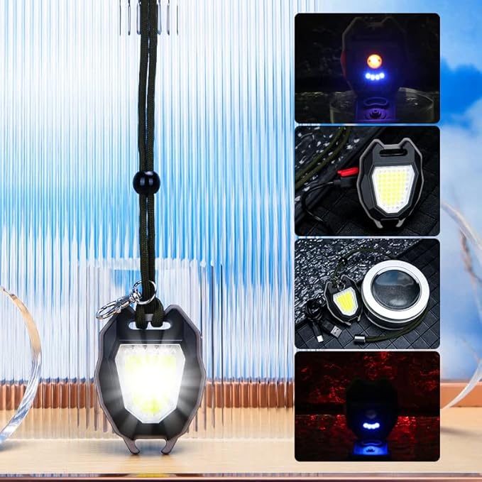 Portable COB Flashlight with 2 Compressed Towels, Build in Lighter,l Camping Bundle, Rechargeable Keychain Lighting Lamp 1000 Lumens, 6 Light Modes with Folding Bracket Magnet Base