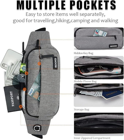 SINNO Large Crossbody Fanny Pack for Women Men Belt Bag With 4-Zipper Pockets for Travel Running Hiking Workout Dog Walking Outdoors Sport Fishing Waist Pack Bag Carrying All Phones