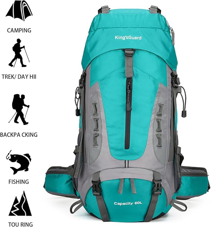 King'sGuard 60L Hiking Backpack Men Women Camping Backpack Waterproof Backpacking Mountaineering Climbing Daypack (Lake Blue)