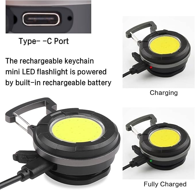 COB Small Flashlight, 1000Lumens Bright Rechargeable COB Keychain Flashlights,4 Light Modes Portable Pocket Light with Folding Bracket Bottle Opener and Magnet Base for Walking and Camping (Round)