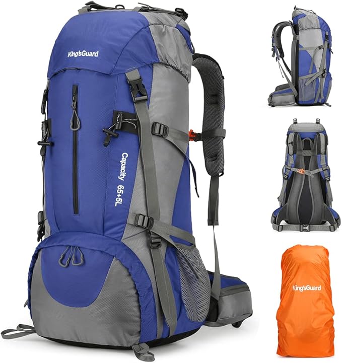 King'sGuard 70L Hiking Backpack Large Lightweight Waterproof Camping Backpack Travel Backpacking Backpack Daypack with Rain Cover -Frameless (Deep Blue)