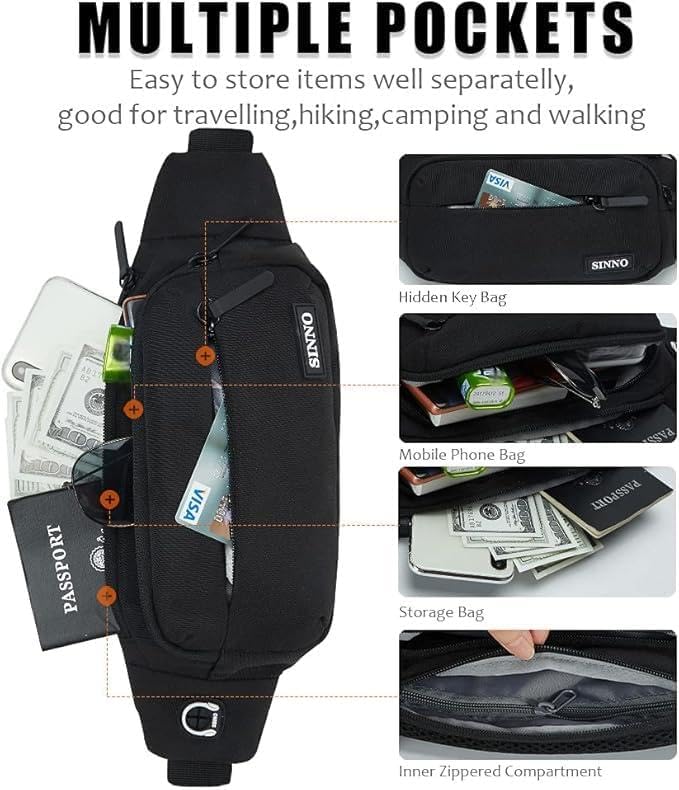 SINNO Large Crossbody Fanny Pack for Women Men Belt Bag With 4-Zipper Pockets for Travel Running Hiking Workout Dog Walking Outdoors Sport Fishing Waist Pack Bag Carrying All Phones