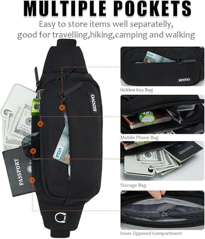 SINNO Large Crossbody Fanny Pack for Women Men Belt Bag With 4-Zipper Pockets for Travel Running Hiking Workout Dog Walking Outdoors Sport Fishing Waist Pack Bag Carrying All Phones