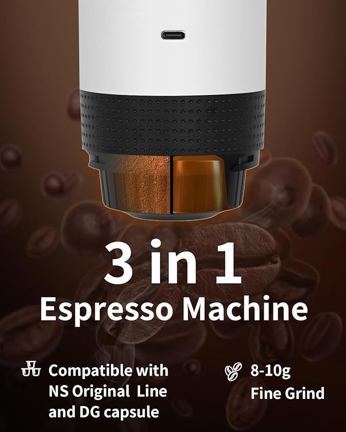 Portable Electric Espresso Machine, Travel Coffee Maker for Camping, Car, RV & Hiking, Self-Heating with Type-C, Compatible with Ground Coffee & NS Capsules, White