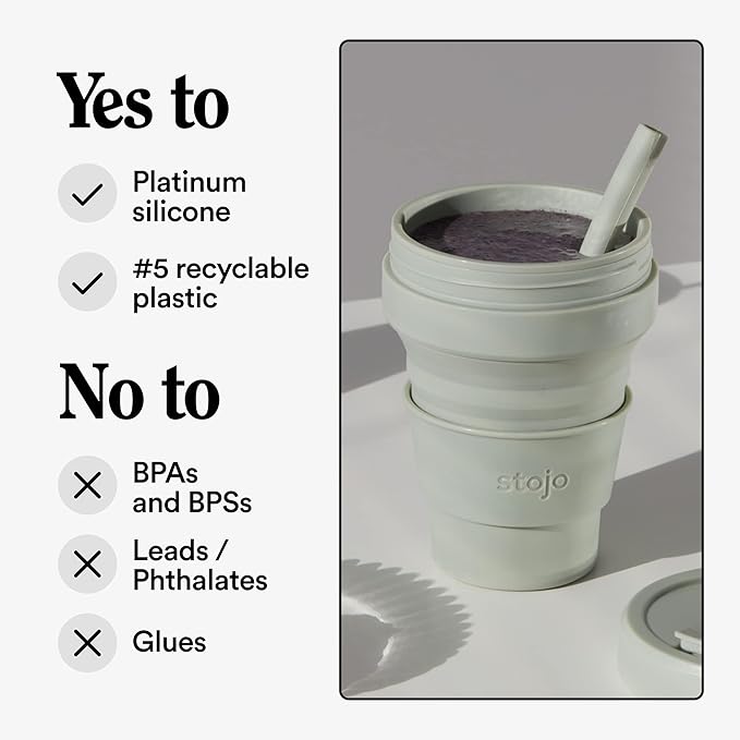 STOJO Collapsible Travel Cup With Straw - Sage Green, 16oz / 470ml - Reusable To-Go Pocket Size Silicone Bottle for Hot and Cold Drinks - Perfect for Camping and Hiking - Microwave & Dishwasher Safe