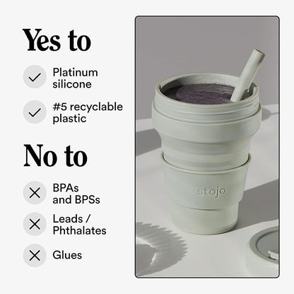 STOJO Collapsible Travel Cup With Straw - Sage Green, 16oz / 470ml - Reusable To-Go Pocket Size Silicone Bottle for Hot and Cold Drinks - Perfect for Camping and Hiking - Microwave & Dishwasher Safe