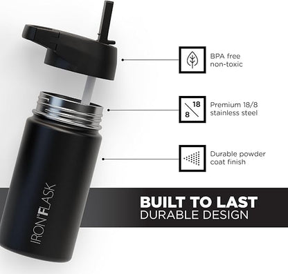 IRON °FLASK Camping & Hiking Hydration Flask, Wide Mouth, 3 Straw Lids, Stainless Steel Outdoor Water Bottle, Double Walled, Insulated Thermos, Metal Canteen - Midnight Black, 14 Oz