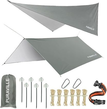 Puraville Rain Fly Camping Tarp 3000mm+ Ultra Waterproof Resistant Sun Shade Lightweight Hammock Tent Tarp with Multifunctional Camping Accessories (10X10 ft Grey)