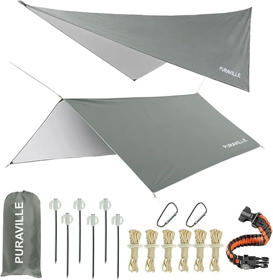 Puraville Rain Fly Camping Tarp 3000mm+ Ultra Waterproof Resistant Sun Shade Lightweight Hammock Tent Tarp with Multifunctional Camping Accessories (10X10 ft Grey)