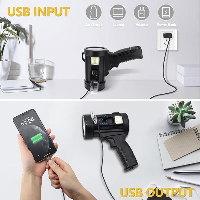 100000 Lumen Spotlight, Led Rechargeable Spotlight Flashlight with Tripod, 6 Modes and 3 Colors Filter, Super Bright Solar Spot Lights Outdoor Handheld for Hunting, Boating, Camping