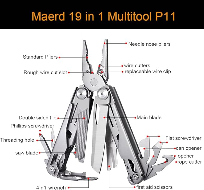 Maerd P11 Multitool, 19in1 Premium Hard Stainless Steel Multi tools Self-Locking, Outdoorsman Survival Camping EDC Multitools, Saw, First Aid Scissors, Sturdy Spring Pliers, Hexagon Wrench