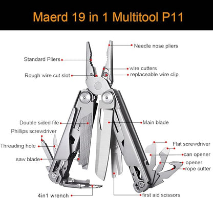 Maerd P11 Multitool, 19in1 Premium Hard Stainless Steel Multi tools Self-Locking, Outdoorsman Survival Camping EDC Multitools, Saw, First Aid Scissors, Sturdy Spring Pliers, Hexagon Wrench