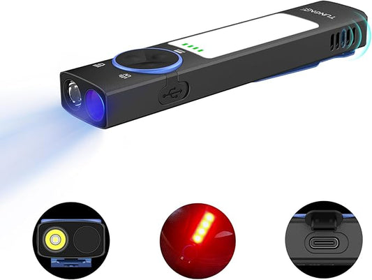 YC8003 365nm Black Light Flashlight, 1000 Lumen White Light EDC Pocket Flashlight, USB C Rechargeable Flat Flashlight for Hiking, Camping, Outdoor Distress, Pet Urine Detection（6500K）