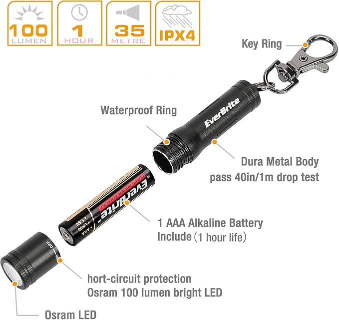 EverBrite Mini LED Flashlight High Lumen Keychain EDC Flashlight, Small Pocket Pen-Light for Hurricane Supplies, Camping, Hiking, Emergency, Hunting, 1 AAA Battery(Include), Black