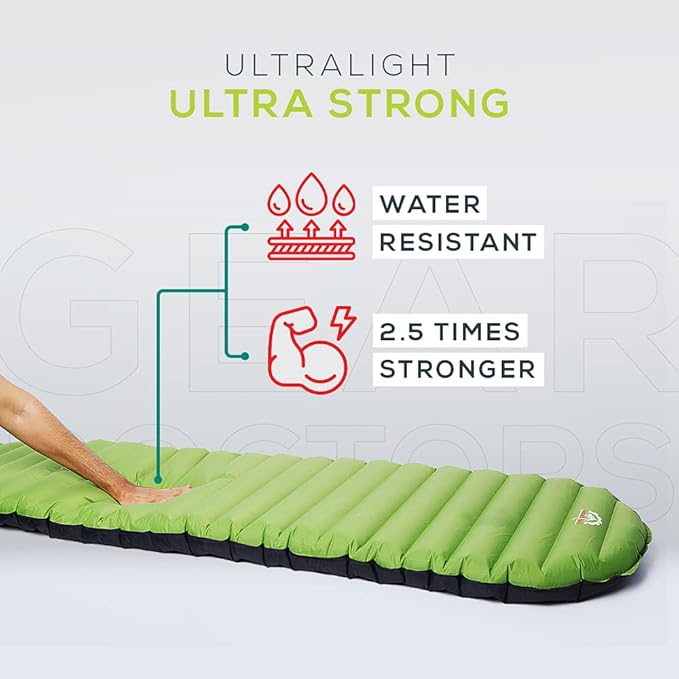 Gear Doctors Ultralight 25oz Camping Sleeping pad ApolloAir - Compact, Warm 5.2 R-Value 4 Season Air Mattress, Perfect for Backpacking, Hiking - Lightweight Inflatable & Compact Sleep Pad (Large)