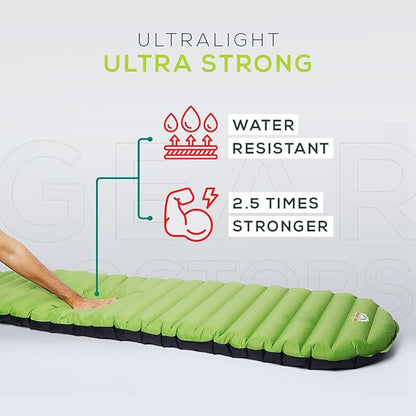 Gear Doctors Ultralight 17oz Camping Sleeping pad ApolloAir - Compact, Warm 5.2 R-Value 4 Season, Camping Air Mattress, Perfect for Backpacking, Hiking - Lightweight Inflatable & Compact Sleep Pad
