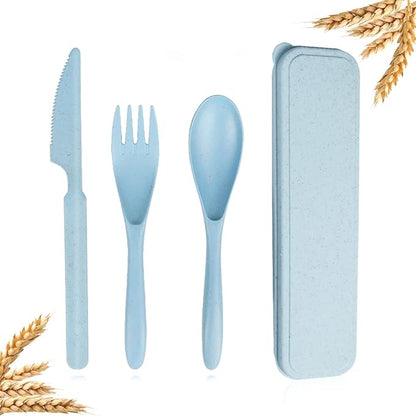 Reusable Travel Utensils Set with Case, Blue Wheat Straw Portable Knife Fork Spoons Tableware, Eco-Friendly BPA Free Plastic Cutlery Travel Picnic Camping Utensils for Kids Adults Daily Use