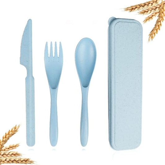 Reusable Travel Utensils Set with Case, Blue Wheat Straw Portable Knife Fork Spoons Tableware, Eco-Friendly BPA Free Plastic Cutlery Travel Picnic Camping Utensils for Kids Adults Daily Use