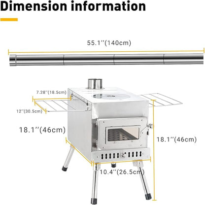 Outdoor Camping Stove Camp Tent Stove, Portable Wood Burning Stove with Chimney Pipe for Tent, Shelter, Camping Heating and Cooking (Pipe Diameter: 2.95")