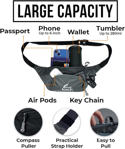 TORCH Belt Bag for Men - Fanny Pack Men Women with Compass Survival, Small Lightweight Hip Pack for Gym, Running, Hiking, Biking, Dog Walking - Vallejo (Grey)