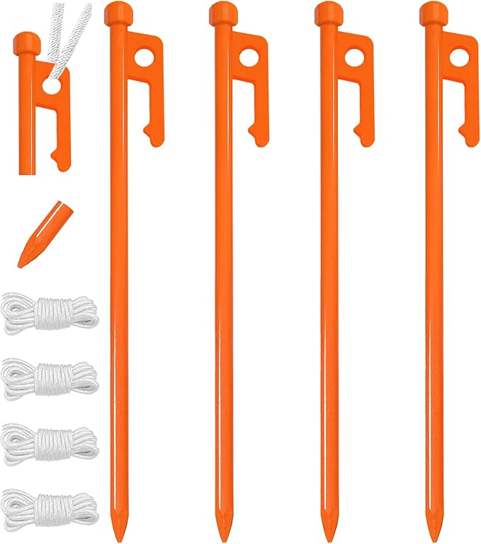 Eurmax USA 10 inch Multiuse Heavy Duty Steel Tent Stakes Tarp Pegs Camping Stakes for Outdoor Camping Canopy and tarp with 4 Ropes 10FT Length,4pcs(Orange)