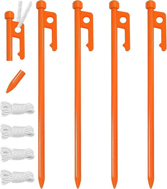 Eurmax USA 10 inch Multiuse Heavy Duty Steel Tent Stakes Tarp Pegs Camping Stakes for Outdoor Camping Canopy and tarp with 4 Ropes 10FT Length,4pcs(Orange)