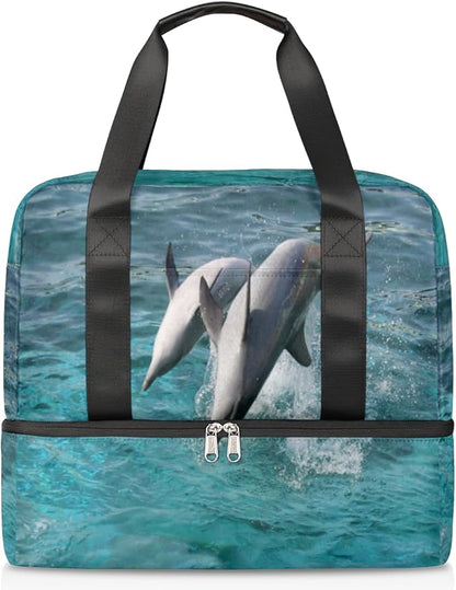 Sports Gym Bag Ocean Sea Cute Animal Dolphins Travel Duffel Bag Waterproof Lightweight Swim Bag Travel Tote Luggage Weekender Overnight Handbag Workout Bag with Shoes Compartment for Women Men