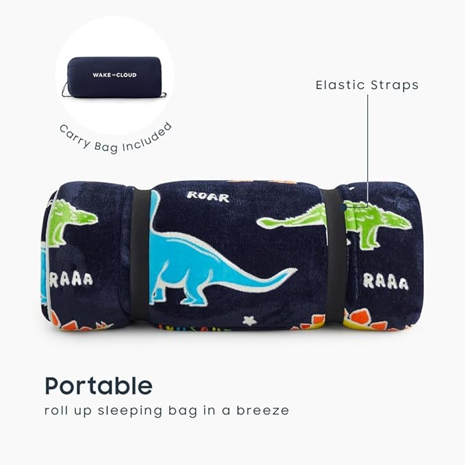 Wake In Cloud - Glow in the Dark Sleeping Bag with Pillow, Fleece Nap Mat for Toddler Kids Boys Girls, Winter Cold Weather Daycare Kindergarten Sleepover Travel Camping, Colorful Dinosaur on Dark Navy
