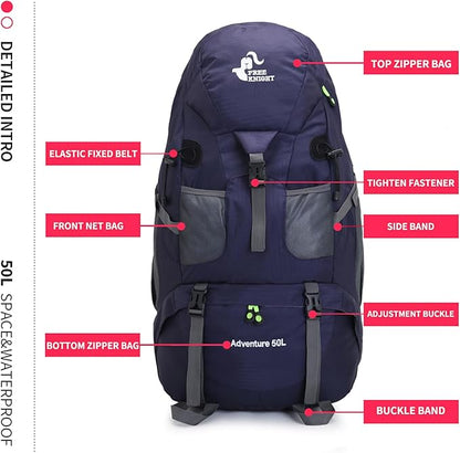 Bseash 50L Hiking Backpack, Water Resistant Lightweight Outdoor Sport Daypack Travel Bag for Camping Climbing Touring (Dark Purple - With Shoe Compartment)