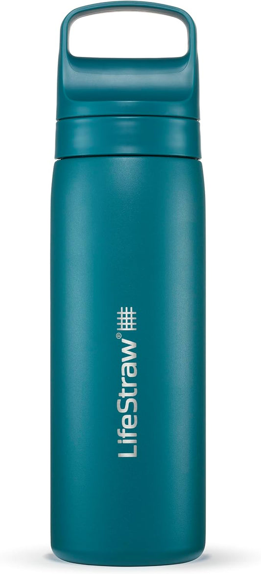 LifeStraw Go Series – Double Wall BPA-Free Vacuum Insulated 18 oz Stainless Steel Water Filter Bottle for travel and everyday use; Laguna Teal