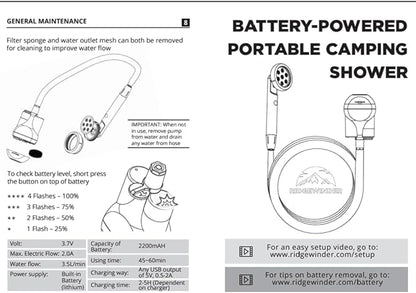 Portable Shower for Camping - Camp Shower with Rechargeable Battery and Included showerhead. Complete Camping Shower Plus Sprayer Attachment