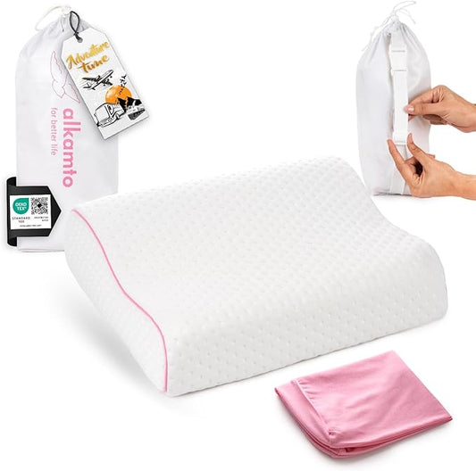 Travel & Camping Comfortable Memory Foam Pillow with Extra Cotton Cover – Easy to Carry Portable Bag