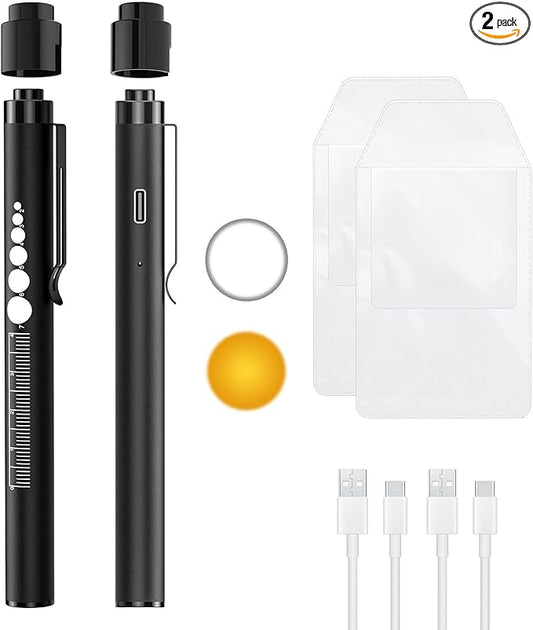 COSOOS 2 Rechargeable Pen Lights with Pupil Gauge, Ruler & 2 Pocket Protectors, LED Penlights for Nurse Doctor, Warm/White Light, USB-C Rechargeable Penlight Flashlight for Nursing Student