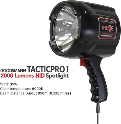 GOODSMANN HID Handheld Adjustable Spotlight/Floodlight 2000 Lumen 12V Plug in Spotlights for Boat Marine Corded Spot Light 929 Yards Car Charger Searchlight for Hunting/Camping/Hiking/Garage/Fishing