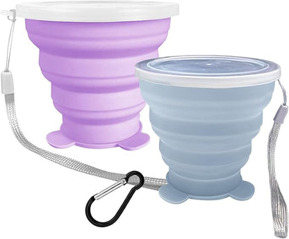 2 Pcs Collapsible Cup, Silicone Collapsible Travel Cup, Expandable Folding Camping Drinking Cup with Lids Reusable Small Portable Mugs Cup for Travel, Camping, Hiking,Outdoor Sports (Purple&Blue)