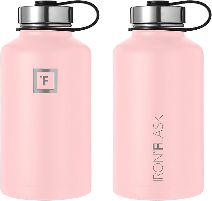 IRON °FLASK Camping & Hiking Hydration Flask, Wide Mouth, 3 Straw Lids, Stainless Steel Outdoor Water Bottle, Double Walled, Insulated Thermos, Metal Canteen - Rose, 64 Oz
